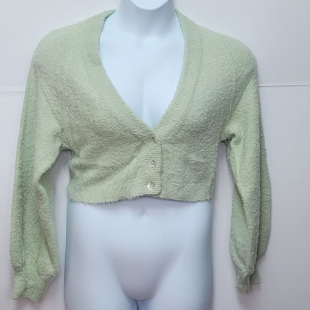 Women's Fuzzy Crop Cardigan Bell Sleeves V-Neck Sweater Green XS SoftGirl Y2K